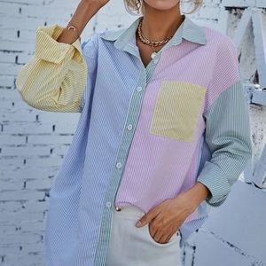 Verge Girl Striped Print Colorblock Drop Shoulder Blouse